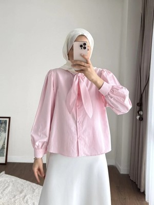 Miraydin Butik Kadın Yakası Bağcıklı Kısa Poplin Gömlek - Pembe