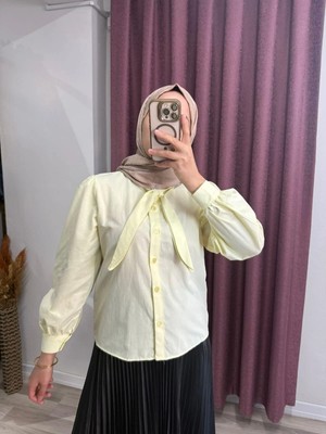 Miraydin Butik Kadın Yakası Bağcıklı Etek Üstü Poplin Gömlek - Sarı