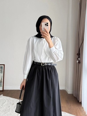 Miraydin Butik Kadın Yakası Bağcıklı Kısa Poplin Gömlek - Beyaz