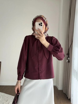 Miraydin Butik Kadın Yakası Bağcıklı Kısa Poplin Gömlek - Bordo