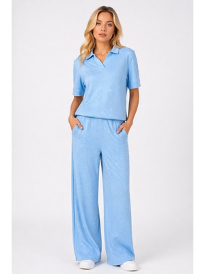 Lubiti Modal Kumaş Gömlek Yaka Kristal Taşlı Alt-Üst Takım/yüksek Bel Lastikli Yumuşak Dokulu Takım