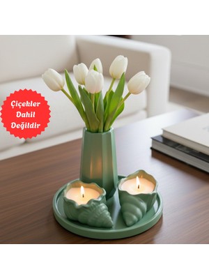 Handanca 4 Parça Yeşil Set - Istiridye Mumlu, Vazolu, Yuvarlak Tepsili (Çiçek Dahil Değildir)