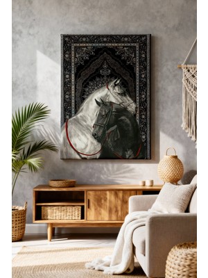 Handanca Siyah Halı Desenli Asil Atlar Canvas Tablo