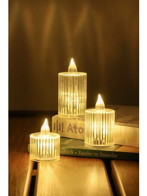 Handanca 3lü Kristal Desenli LED Mum Seti Pilli Dumansız Alevli Ledli Dekoratif Yapay Mum