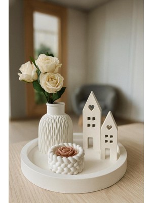 Handanca Beyaz Evler Dekor Seti –çiçek Mumluk & Taş Tozu Mini Köy & Vazo Aranjmanı