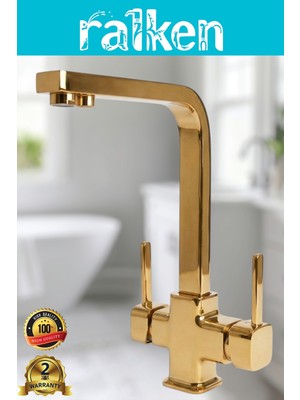 Ralken Arıtma, Sıcak, Soğuk Çıkış 3 Yollu Gold Altın Lüx Kare Arıtmalı Eviye Mutfak Bataryası Köşe Borulu