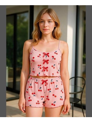 Intive Lingerie Intive Comfort Pembe Kiraz Desenli Ince Askılı Pijama Şort Takım