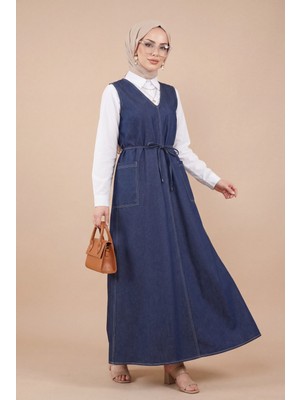 Moda Morfo Yandan Çift Cepli V Yaka Beli Bağcıklı Kot Jile -K.laci