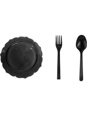 Omeyva 26 Cm. Siyah Sorfa Davet Seti - Sert Mika Plastik - 6 Kişilik Tabak Çatal Kaşık Takımı