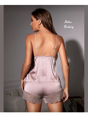 Intive Lingerie Intive Soğuk Bej Dantel Detaylı V Yaka Saten Büstiyer Şort Pijama Takımı
