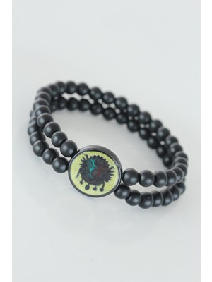 Youday Accessories Sarı Renkli Metal Üzerine Osmanlı Arma Figürlü Siyah Renk Çift Sıra Doğal Taş Erkek Bileklik