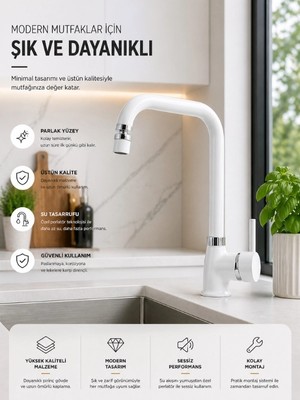 FUALORA Beyaz Krom Detaylı Mutfak Bataryası – Oynar Perlatörlü, Su Tasarruflu Modern Evye Musluğu