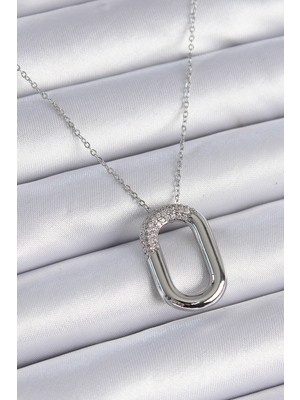 Youday Accessories 316L Çelik Zincir Gümüş Renk Zirkon Taşlı Oval Halka Model Kadın Kolye