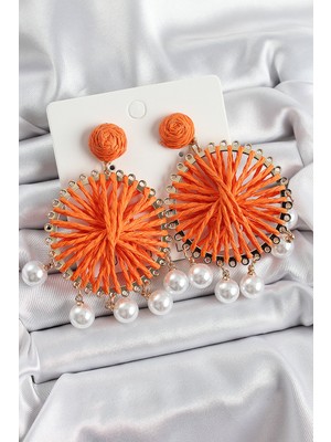 Youday Accessories Turuncu Hasır Örgü Sarmal Model Sallantılı Inci Detaylı Gold Renk Kadın Küpe