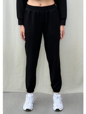 Olleo Kadın Siyah Lastik Paça Modal Kumaş Yumuşak Tuşe Eşofman Altı