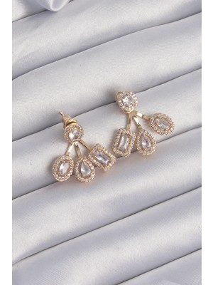 Youday Accessories Pirinç Gold Renk Zirkon Taşlı Geometrik Model Küpe