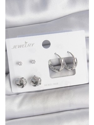 Youday Accessories Pirinç Gümüş Renk Zirkon Taşlı Halka Model 3 Çift Kadın Küpe Seti