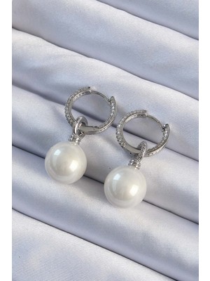 Youday Accessories Pirinç Gümüş Renk Zirkon Taş Kaplama Inci Tasarımlı Kadın Küpe