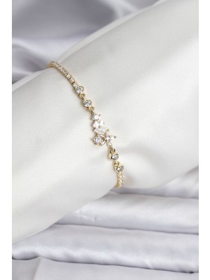 Youday Accessories Çiçekli Model Zirkon Taşlı Gold Renk Su Yolu Kadın Bileklik