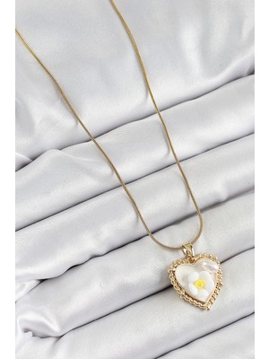 Youday Accessories 316L Çelik Zincir Beyaz Sanatsal Portre Inci Detaylı Papatya Figürlü Kalp Model Gold Renk Kadın Kolye