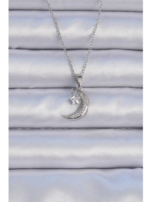Youday Accessories 316L Çelik Zincir Gümüş Renk Zirkon Taşlı Sallantılı Ay Yıldız Kolye
