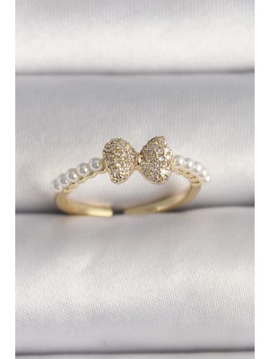 Youday Accessories Pirinç Gold Renk Zirkon Taşlı Fiyonk Inci Detay Ayarlanabilir Yüzük