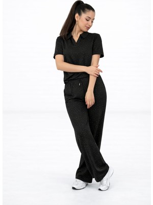 Lubiti Modal Kumaş Gömlek Yaka Kristal Taşlı Alt-Üst Takım/yüksek Bel Lastikli Yumuşak Dokulu Takım