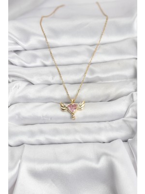 Youday Accessories 316L Çelik Zincir Gold Renk Kanatlı Kalp Model Zirkon Taşlı Kadın Kolye