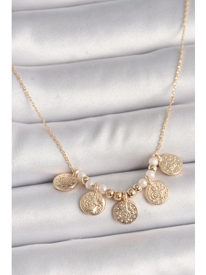 Youday Accessories Pirinç Gold Renk 5'LI Osmanlı Tuğra Figür Inci Detay Kadın Kolye