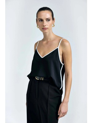 Sateen Kontrast Askılı Bluz - Siyah