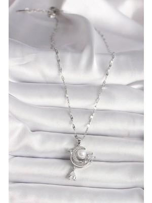 Youday Accessories 316L Çelik Gümüş Renk Zirkon Taşlı Ay Yıldız Sallantı Detay Kadın Kolye
