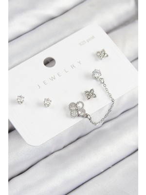 Youday Accessories Pirinç Zirkon Taşlı Yonca Model Gümüş Renk 925 Ayar Gümüş Çivi Kadın Küpe Set