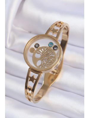 Youday Accessories 316L Çelik Altın Renk Içi Yaşam Ağacı ve Nazar Boncuk Figürlü Açılabilir Fanus Kelepçe