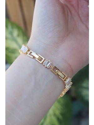 Youday Accessories Vip Seri Pirinç Zirkon Taşlı Gold Renk Kare Su Yolu Model Bileklik