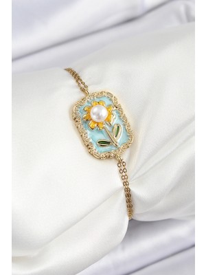 Youday Accessories 316L Çelik Zincir Turkuaz Mineli Sanatsal Portre Inci Detaylı Papatya Model Gold Renk Kadın Bileklik