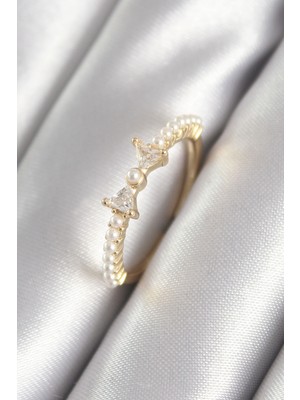 Youday Accessories Pirinç Gold Renk Zirkon Taşlı Kurdele Inci Detay Kadın Yüzük