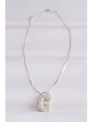 Youday Accessories 316L Çelik Zincirli Zirkon Taşlı C Harfli Silver Renk Bubble Kolye