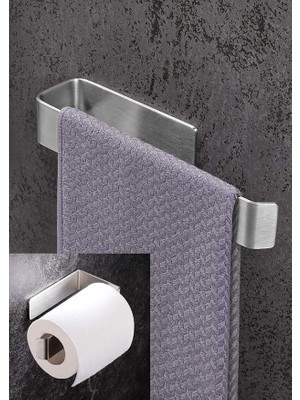 Paslanmaz Çelik Havluluk ve Tuvalet Kağıdı Askısı Set Inox Yapışkanlı Bant Montaj - Vida Yok!
