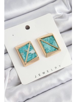 Youday Accessories Pirinç Turkuaz Üçgen Kesim Detaylı Kare Model Vintage Gold Renk Kadın Küpe