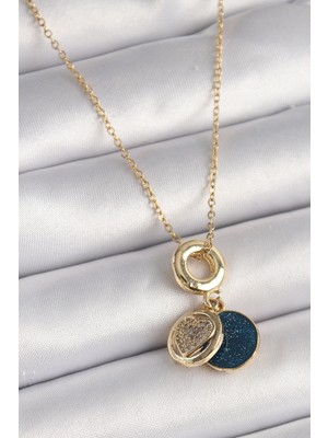 Youday Accessories 316L Çelik Gold Renk Zincir Zirkon Taşlı Kalp Model Mavi Simli Kadın Kolye