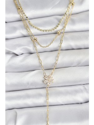 Youday Accessories Pirinç Gold Renk Zirkon Taşlı Çiçek Model Detaylı 3'LÜ Kombin Y Kadın Kolye