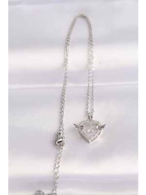 Youday Accessories 316L Çelik Zincir Gümüş Renk Zirkon Taşlı Kanatlı Kalp Kolye