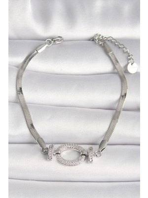 Youday Accessories 316L Çelik Gümüş Renk Italyan Zincir Model Zirkon Taşlı Halka Figür Kadın Bileklik