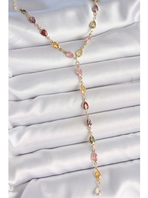Youday Accessories Gold Karışık Renk Zirkon Taşlı Y Pirinç Kolye