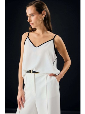 Sateen Kontrast Askılı Bluz - Ekru