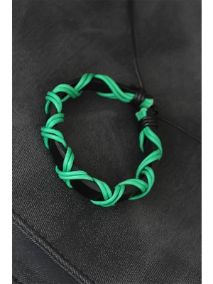 Youday Accessories Yeşil Ipli Siyah Renk Deri Erkek Bileklik