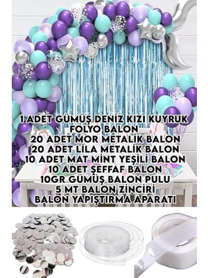 Dolabı 60 Balonlu Gümüş Deniz Kızı Kuyruk Folyo Balonlu Balon Zinciri Doğum Günü Süs Dekorasyon Seti
