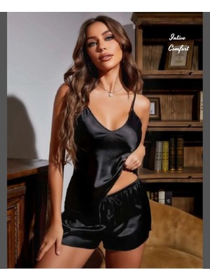 Intive Lingerie Intive Comfort Siyah Saten Danteli Detaylı Mini Büstiyer Şort Takım-Pijama Takımı