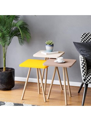 CetKing Üçlü Zigon Sehpa Ahşap Ayaklı Kare Pastel Tasarım (Sarı,krem,cappuccino)