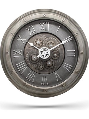 CetKing Serisi Antik Eskitme Kadranlı Döner Çarklı Ev ve Ofis Duvar Saati Kabartma Roma Rakamlı 40 cm Gri